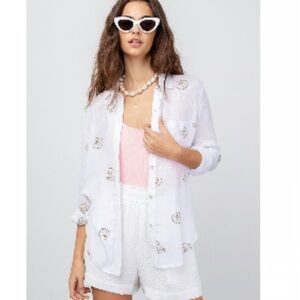 Rails Charli Linen Blend Button Up Shirt White Gold Scallop
